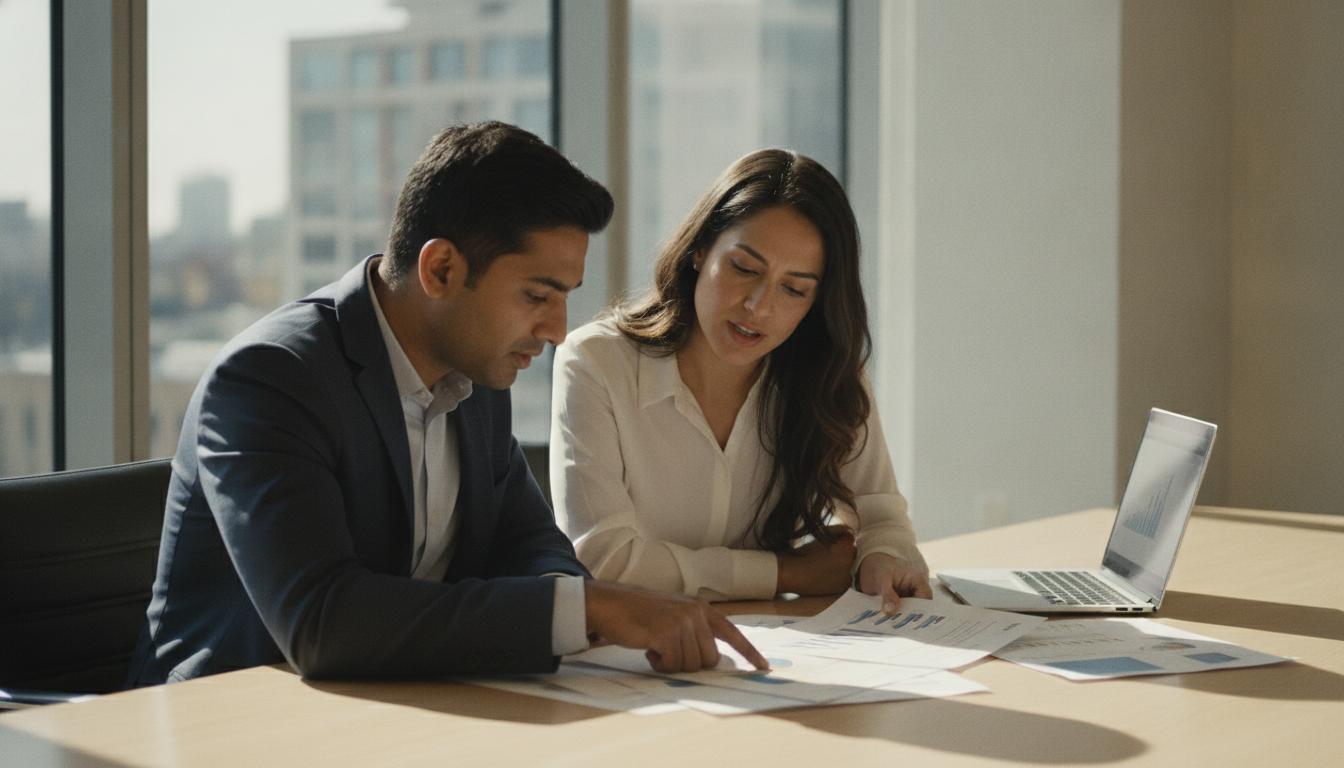 Consultants reviewing strategy documents beside a glowing analytics display