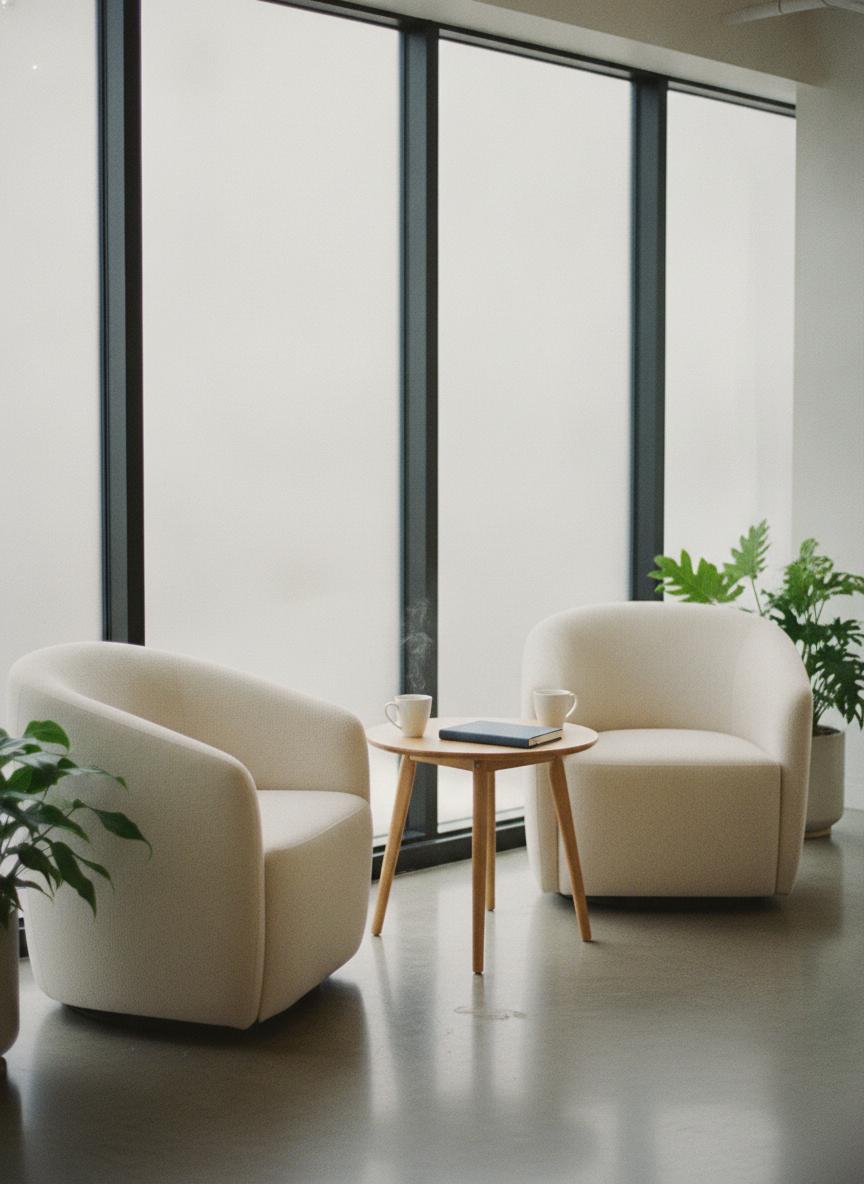A welcoming meeting corner with two chairs and coffee