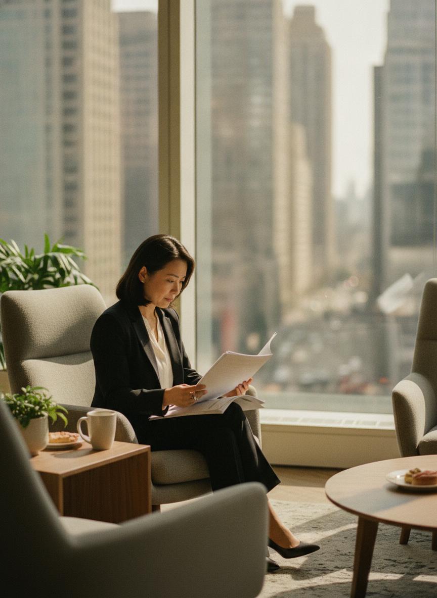 An executive reading briefing documents by a window