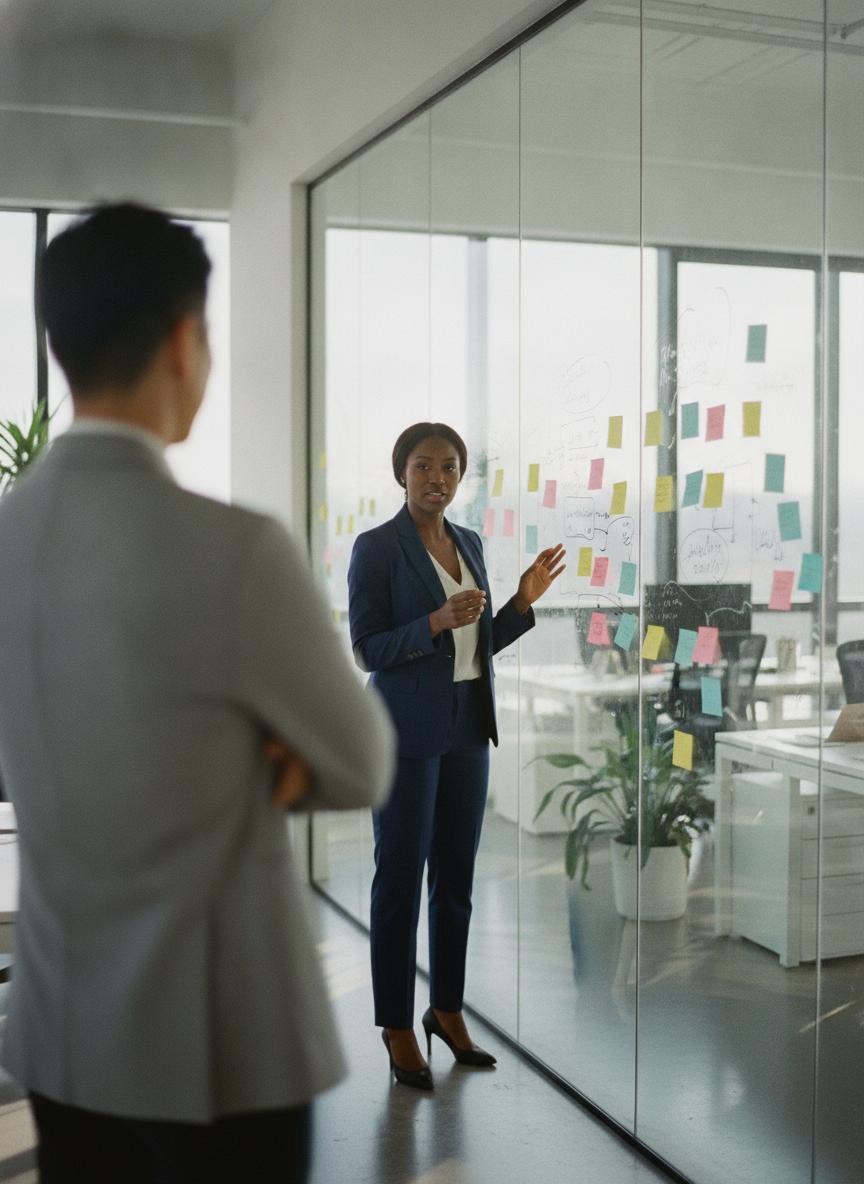 Consultants working through a strategy at a glass wall in a bright office