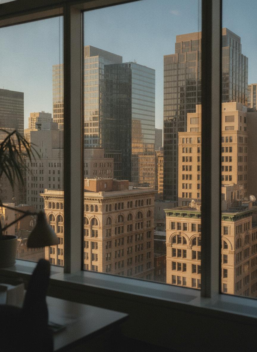 View over a city business district from a high office